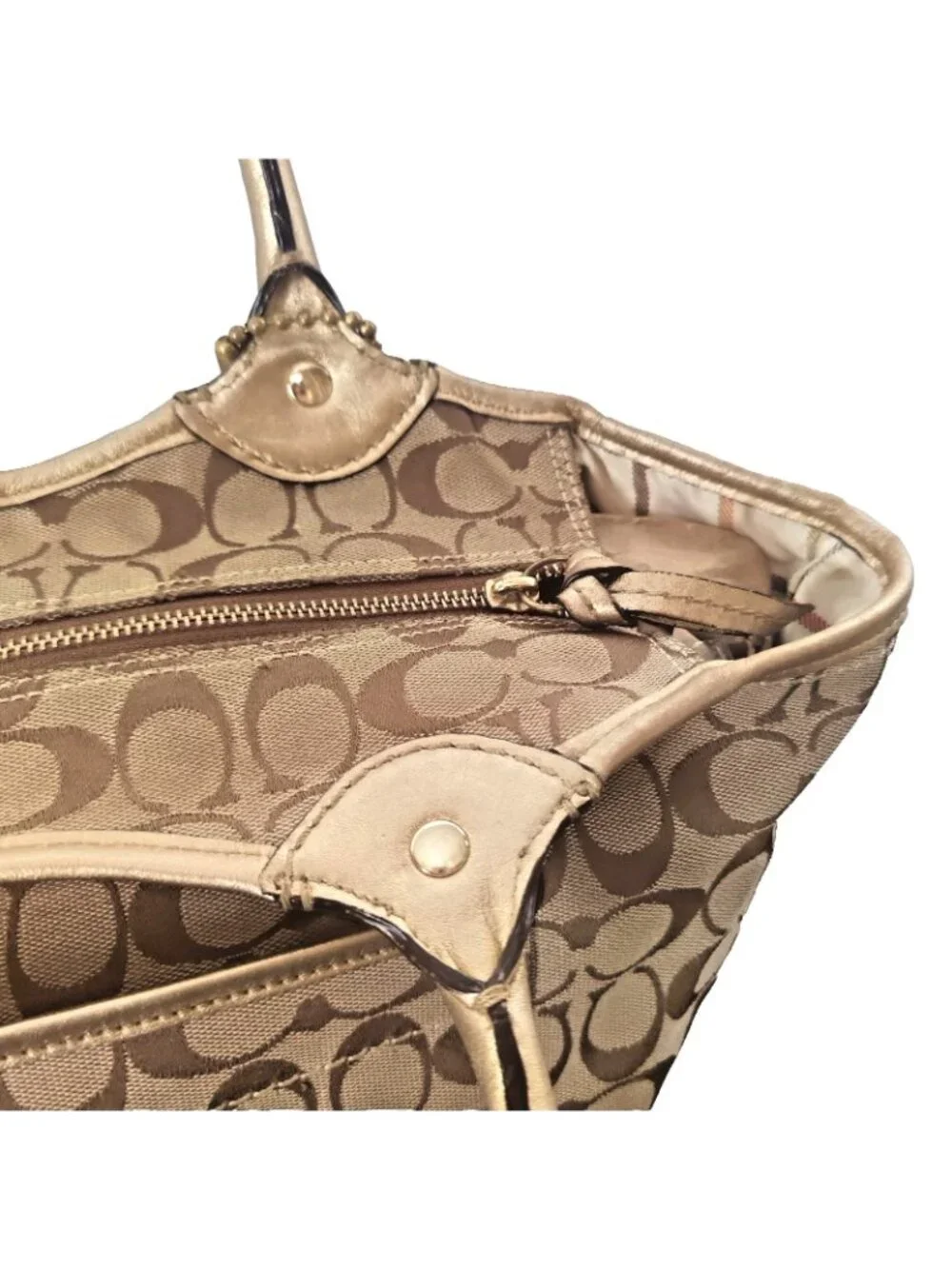COACH BLEECKER Signatue TOTE Satchel BAG Gold Tan Leather Fabric